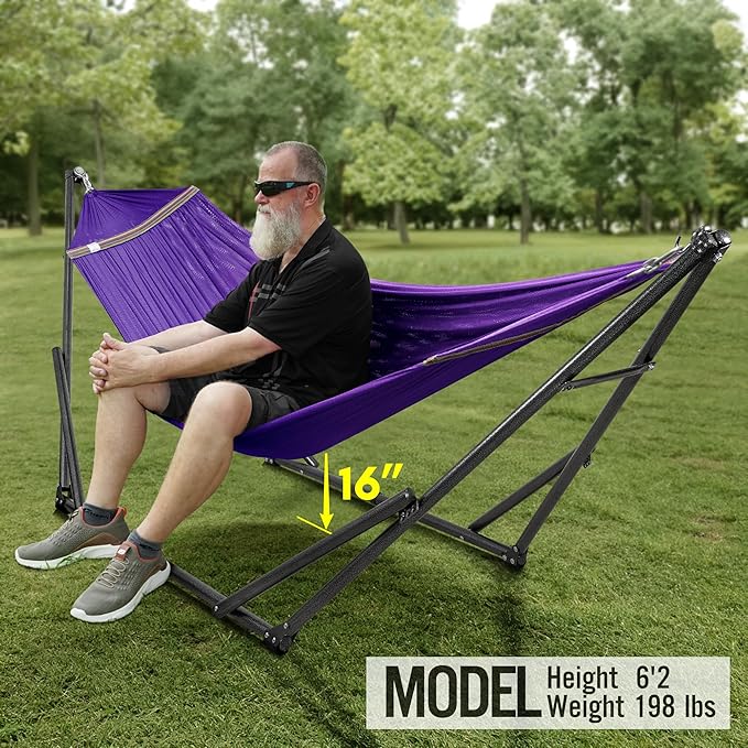 Tranquillo Universal Double Hammock with Stand Included for 2 Persons/Foldable Hammock Stand 600 lbs Capacity Portable Case - Inhouse Outdoor Camping Purple