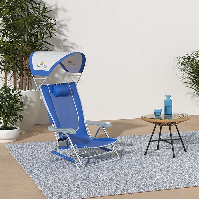 GCI Outdoor Sunshade Backpack Beach Chair | Reclining Folding Canopy Chair with Durable Armrests Drink Holder &amp Carry Straps Perfect for Beach Trips &amp Picnics — Saybrook Blue