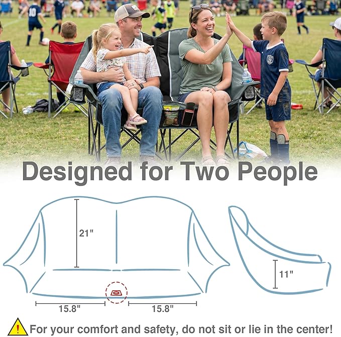 Oversized USLCamping Chair - 2 Person Portable Folding Outdoor Loveseat Heavy Duty Lawn Chairs for Adults with Padded Cushion &amp Dual Cup Holders Supports 660LBS for CampingSportsPicnic (Grey)