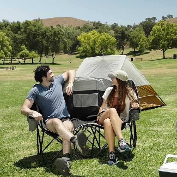 SUNNYFEEL Folding Double Camping Chair Oversized Loveseat Chair Heavy Duty Portable/Foldable Lawn Chair with Storage for Outside/Outdoor/Travel/Picnic Fold Up Camp Chairs for Adults 2 People