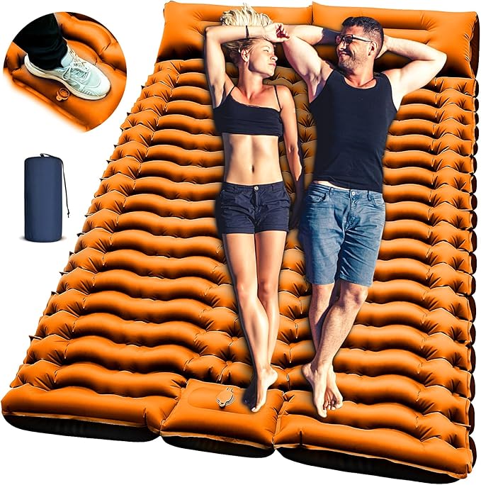 Double Sleeping Pad for Camping 4 Extra Thick Self-Inflating Air Mattress - 2 Person Inflatable Camping Mat with Built-in Foot Pump &amp Pillow Backpacking Hiking Tent Travel-Orange