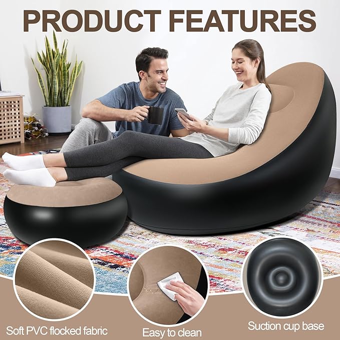 Inflatable Chair with Ottoman Inflatable Couch for Adults with Flocked Surface Comfortable Blow Up Air Chair Waterproof Portable Air Sofa Inflatable Couch for Camping(Brown) (Without Pump)