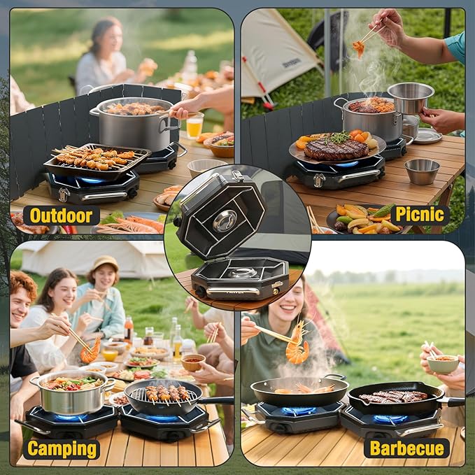 Camping Stove Propane 2 Burner Camp Stove 20000 BTU Propane Camping Stoves Portable Gas Stove with Windscreen Storage Bag Regulator for Picnic BBQ Tailgating