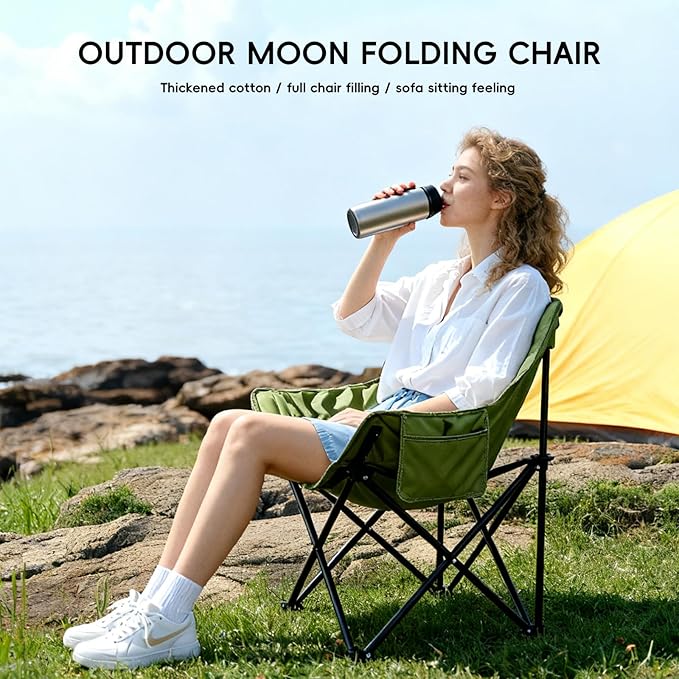 Outdoor 3-Layer Padding High Back Moon Chair with Thick Cotton 600D Oxford Fabric Portable Folding Camping Chair with Side Pocket Supports up to 300lbs (Green)