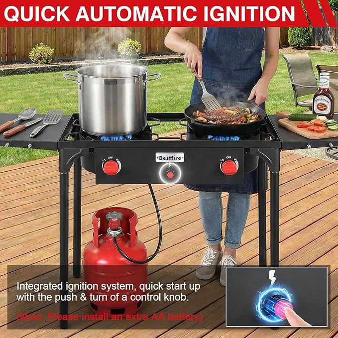 Bestfire 2 burner Camping Stove with Auto Ignition ButtonSide Shelves &amp Regulator150000 BTU High Pressure Gas Stove Propane Burner With Removable Legs for Outdoor BBQ&ampBackyard Cooking Campin