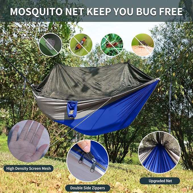 Camping Hammock with NetPortable Lightweight Double Hammocks with Tree Straps and Solid D-Shape CarabinersParachute Nylon Hammock for Backpacking Beach Backyard Patio Hiking Blue&ampGrey