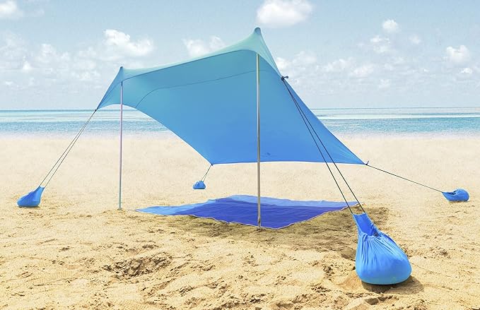 ALPHA CAMP Beach Tent Canopy Portable Sun Shelter Sun Shade 7x7 FT with Sandbag Anchors 2 Pole Pop Up Outdoor Shelter Family Size for Beach Camping Fishing Backyard Picnics - Blue