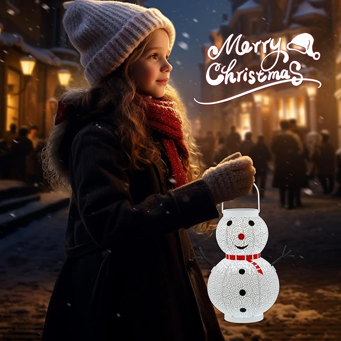 Christmas Decorations Snowman Solar Lantern - Snowman Solar Hanging Lantern Outdoor Waterproof -Metal Standing Solar Powered LED Lantern Decorative Lights for Outside Garden Yard Porch - White