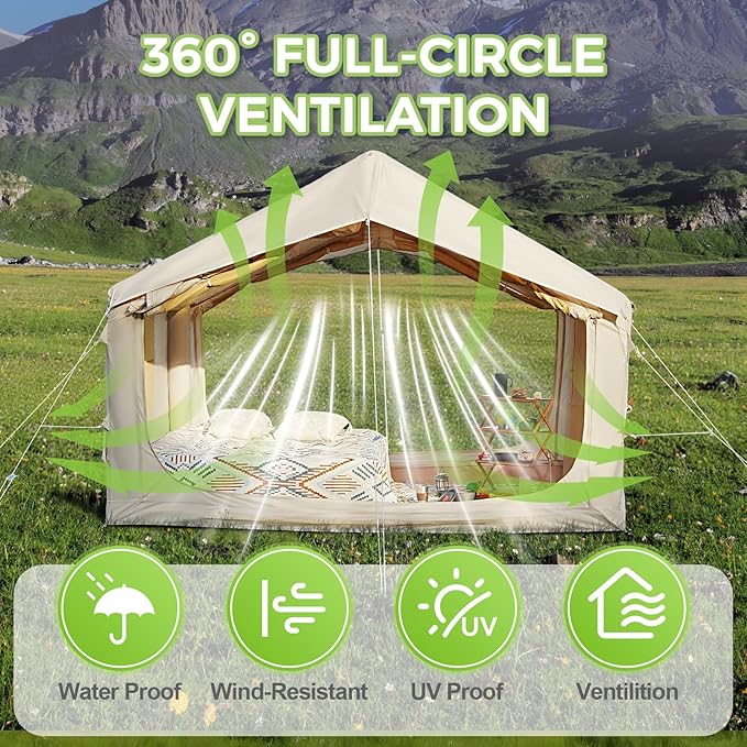 Glamcamp 4-6 Person Inflatable Tent - Quick Setup Air Tent with Stove Jack 420D Oxford (PU2000) 15cm Air Beams 2 Doors &amp Windows