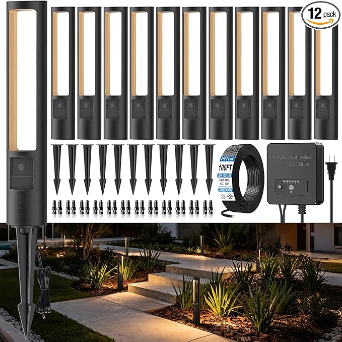 All-in-One Low Voltage Landscape Lighting Kit 12-Pack Pathway Lights with Transformer Dusk to Dawn Outdoor Lighting 5CCT IP66 Waterproof Landscape Lights with Connectors 100FT Wire for Patio