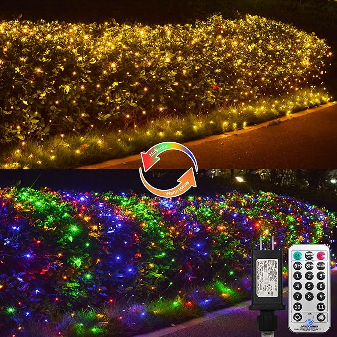 ZAIYW Dual Color Changing Net Lights 20Ft x13Ft 660 LED Christmas Net Light Outdoor Mesh Lights Green Wire Plug in with Timer Remote for Bushes Garden Wedding Xmas Decor (Warm White &amp Multicolor)