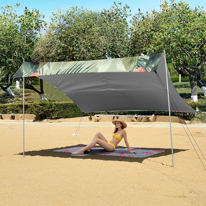 Cockatiels with Flowers Beach Tent Sun Shelter 9.2' x 10.5' Beach Canopy with 4 Sandbags 4 Stability Poles Sand Shovels - Tent Canopy for Beach Camping Fishing Picnics