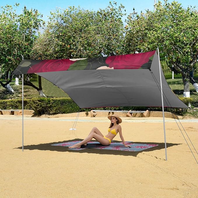 ALAZA Rose Flowers Floral Beach Tent Sun Shelter UPF50+ Protection Beach Shade Canopy w/ 4 Sandbags for Outdoor Camping Fishing Backyard Fun Picnic 10x9 ft