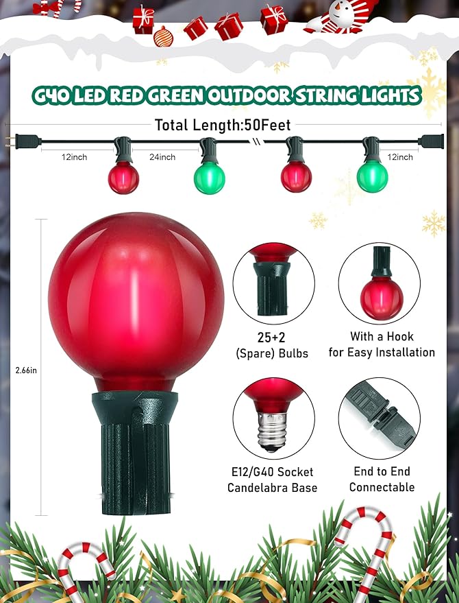 50FT G40 Christmas String Light Outdoor Frosted Red and Green LED Christmas Lights with 27 Shatterproof LED Bulbs(2 Spare) Waterproof Patio Lights for Holiday Party Backyard Xmas Decor