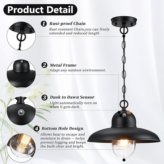 Dusk to Dawn Outdoor Pendant Lights for Porch 12 Outdoor Farmhouse Hanging Light Fixture with Adjustable Chain and Bubble Glass Black Rustic Exterior Pendant Light for Front Door Gazebo