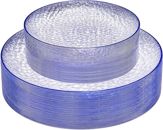 Rubtlamp 60Pcs Blue Easter Plastic Plates Clear Disposable Plates With Blue Rim Heavy Duty Party Plates Hammered Fancy Plates Include 30 Dinner Plates 30 Dessert Plates For St Patricks Day