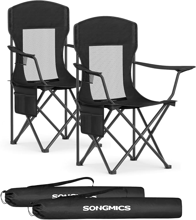 SONGMICS Breathable Camping Chairs Foldable Outdoor Chairs Set of 2 High Back Adjustable Armrests Drink Holder Weight Capacity 330 lb for Sports Garden Backyard Ink Black UGCB028B02