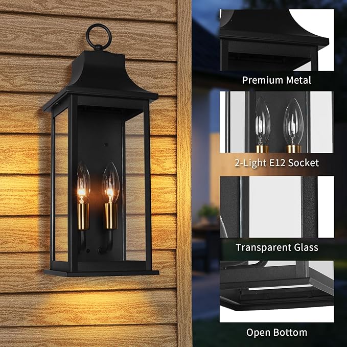 JYZ 18 Outdoor Wall Light Lantern 2-Light Exterior Wall Sconce with Gold Socket &amp Clear Glass Anti-Rust Matte Black Outside Lighting Fixture for Front Door Porch Garage E12 Base