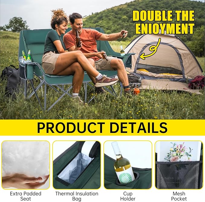Double Camp Chair Double Folding Chair Camping Chairs for Two People Camping Couch for Adults Folding Loveseat for Outdoor Sports and Lawn (Regular 1-Pack)