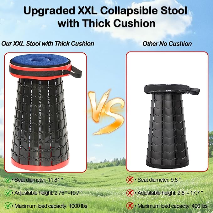 ALEVMOOM 2026 Upgraded XXL 19.7 Collapsible Stool with Cushion 1000lbs Max Weight Heavy Duty Portable Telescoping Stool Retractable Seat Folding Chair for Camping Fishing Hiking(Red-XXL)