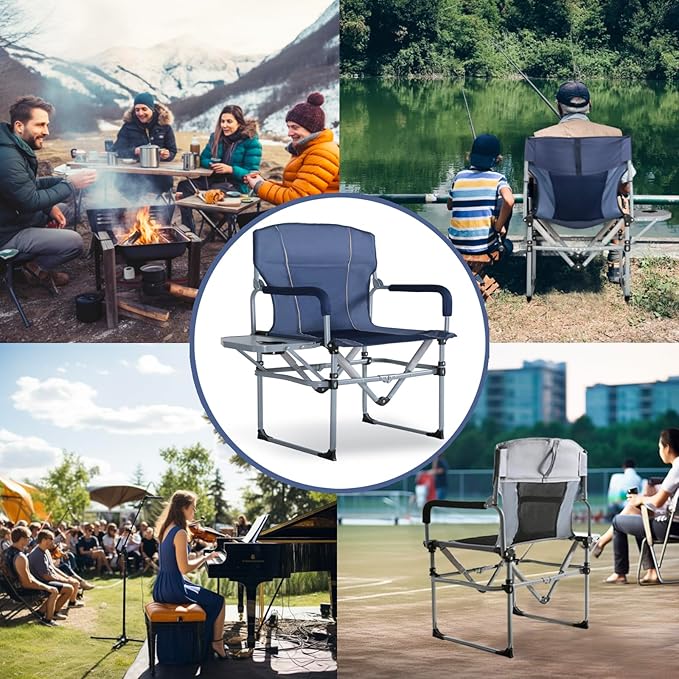 SHALLWE Oversized Director Chairs No Assembly Heavy Duty Folding Chair with Side Table for Camping Fold Up Outdoor Lawn Chairs for Adults Navy
