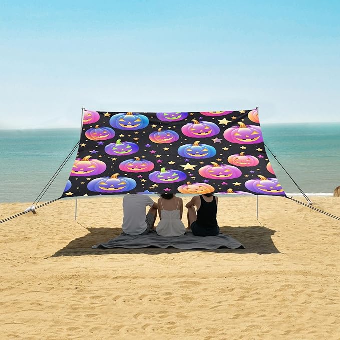 ALAZA Halloween Rainbow Pumpkin Cute Beach Tent Sun Shelter UPF50+ Protection Beach Shade Canopy w/ 4 Sandbags for Outdoor Camping Fishing Backyard Fun Picnic 10x9 ft