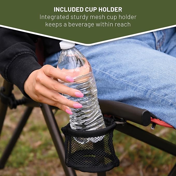 Timber Ridge Bungee Folding Camping Chairs for Adults Heavy Duty Collapsible Padded Chair with Armrests Cup Holder Foldable Outdoor Lounge Chairs for Beach Fishing Lawn Supports 300 lbs Red