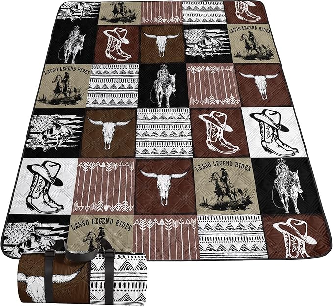 Outdoor Picnic BlanketPortable Sandproof Waterproof Picnic MatWest Cowboys Printed Camping Beach Mat for Sand and Wet Grass Hiking (Western Cowboy L)