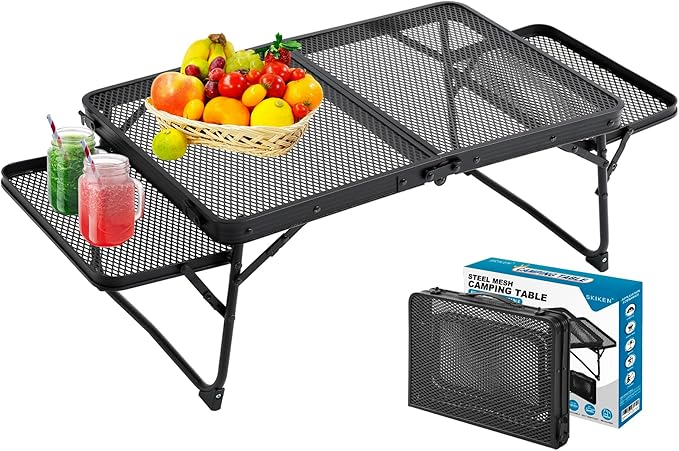 Small Low Camping Table with 2 Wing Panels Folding Low Picnic &amp Outdoor Table with 2 Shelves Lightweight &amp Easy Carry for Beach Fishing Sturdy Steel Mesh Top (3 FT Black)