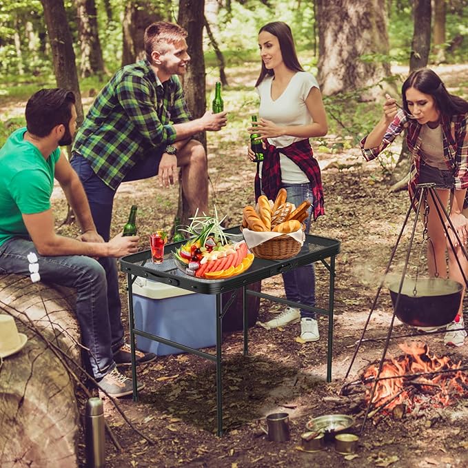 Camping Table with Mesh Desktop Height Adjustable Outdoor Folding Table Lightweight Metal Grill Table for Camping Picnic BBQ Beach Party RV