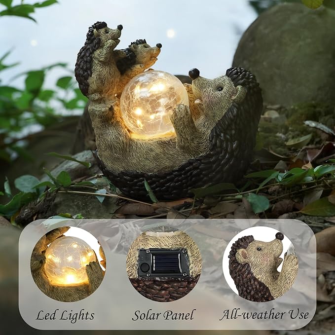 Solar Hedgehog Statue with Ball Lamp 9x5x9 Inch Outdoor Garden Decor Cute Resin Animal Figurine for Yard Pathway &amp Patio Lighting