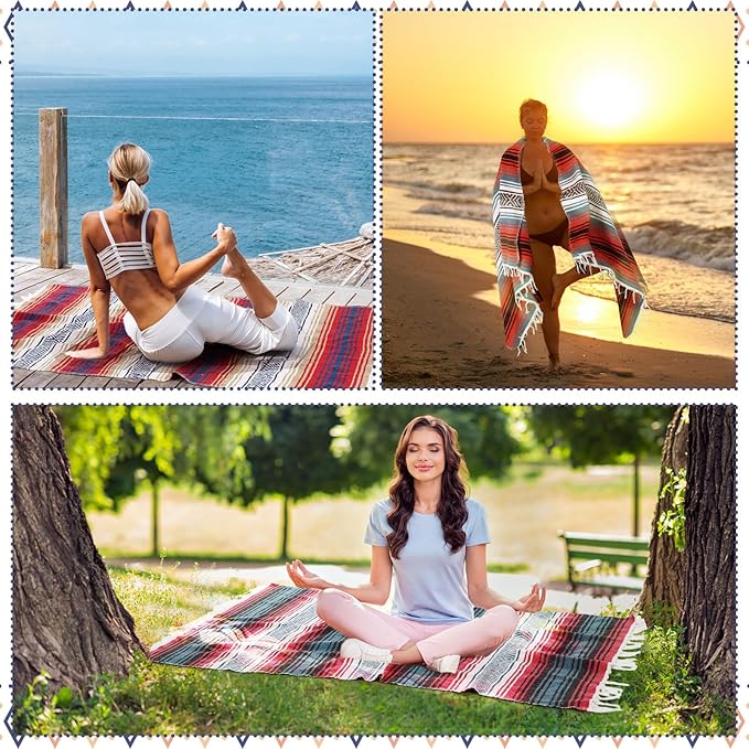 Peryiter 9 Pcs Mexican Blanket Bulk Large Yoga Blanket Striped Falsa with Fringed for Outdoor Beach Picnic Couch 45 x 70 inch(Light Colors)