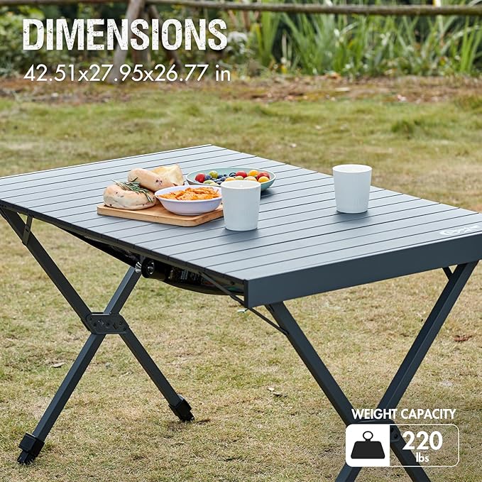 PORTAL Folding Outdoor Camping Table with Adjustable Height Aluminum Roll-Up Top and Carry Bag Big Large Portable Tables for Picnic BBQ and Tailgating Dark Gray