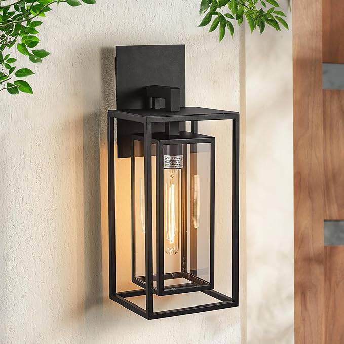 18Ht Modern Industrial Outdoor Wall Light Fixture with Textured Black Anti-Rust Metal and Clear Glass Wet Rated for Exterior House Porch Patio Outside Deck Garage Yard Front Door Garden
