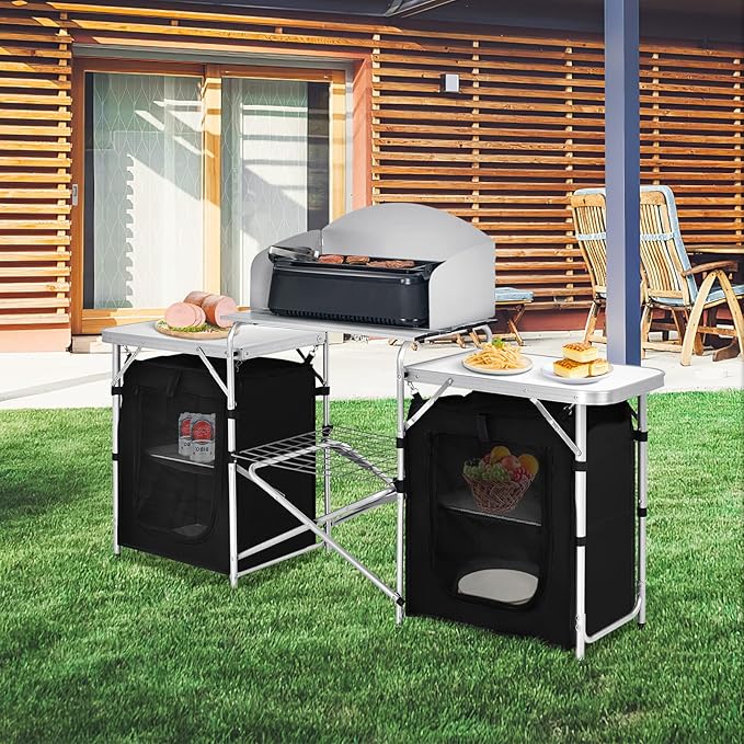 GYMAX Folding Camping Table Portable Kitchen Table with 2 Zipper Organizer Shelf &amp Wind Screen Foldable Cooking Table for Camping Hiking Picnic BBQ (Black)