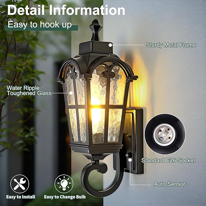 Dawn to Dusk Sensor Outdoor Wall Light Fixtures Waterproof Porch Lights Anti-Rust Matte Black Sconce Lights Outdoor Wall Lantern for Patio Front Door Garage House