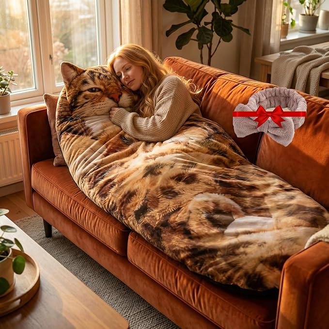 Fluffy Cat Sleeping Bag for Adults Soft Cozy Plush Cat Print Envelope Sleeping Bag for Human 68.89 inch Washable Warm Blanket for Camping Travel and Sleepovers Home