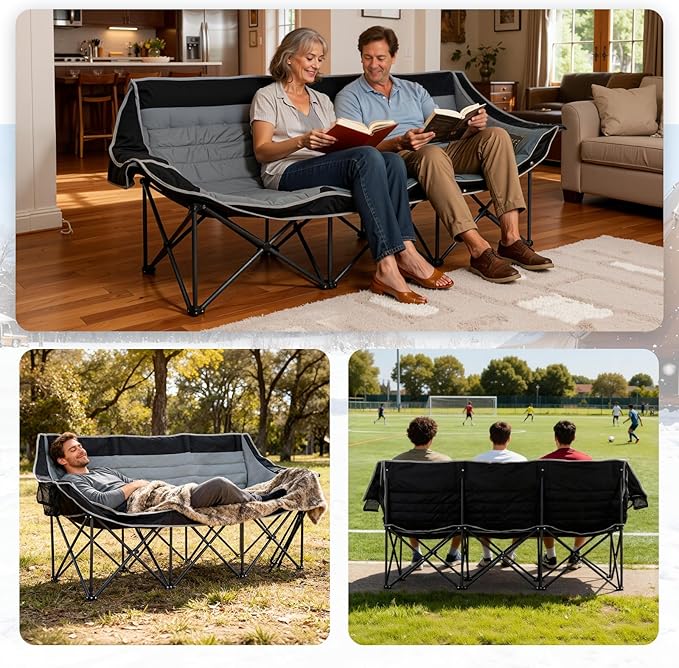Slsy 3 Person Camping Chair Oversized Folding Triple Chair with Cup Holders &amp Side Pocket 990 LBS Heavy-Duty Portable Outdoor Chair for Camping Picnic Lawn