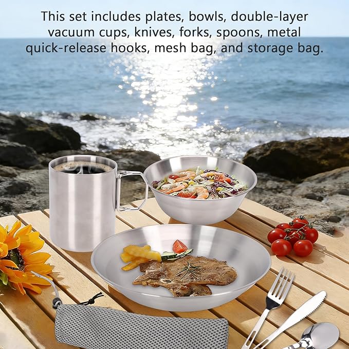 Portable Stainless Steel Camping Mess Kit Tableware Set Double Layer Cup Thickened Bowl Plate Knife Fork Spoon Utensil Combo with Organizer Bag for Camping Picnic Beach