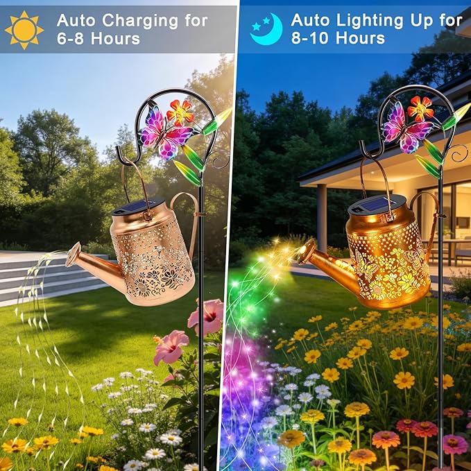 ANGMLN Butterfly Solar Lights Outdoor Waterproof Birthday Gifts for Mom Grandma Women Solar Watering Can Lights with Shepherd Hook Metal Hanging Lantern Garden Decor Yard Outside Patio Lawn