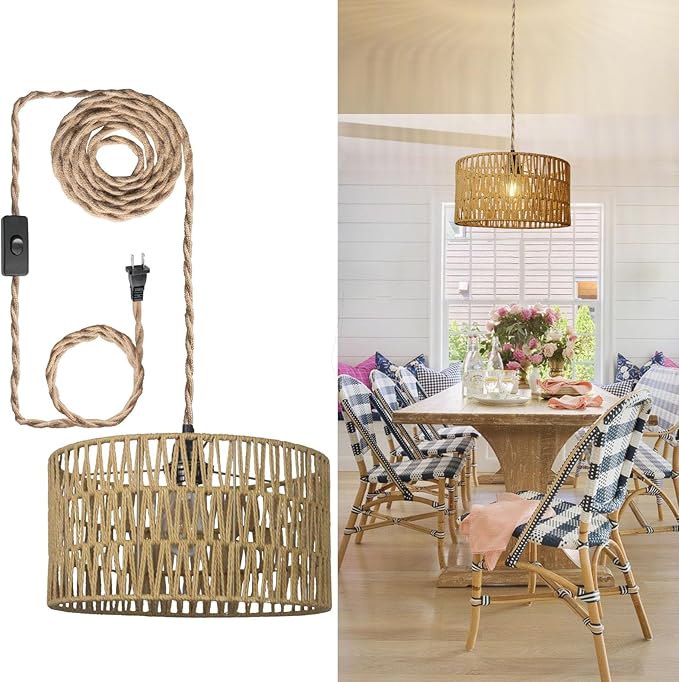 12.6 Inch Boho Hanging Light with Plug in Cord Rattan Hanging Lamp Hand Woven Rattan Wall Lightfor Bedroom Living Room Kitchen Nursery E26 Base IndoorWithout Bulb