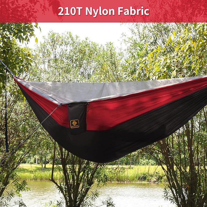 Camping Hammock Portable Hammocks with Mosquito NetLightweight Nylon Parachute Hammock with 10ft Tree StrapsCamping Gear Must Haves for Travel Hiking Backpacking Beach Patio-Black&ampRed