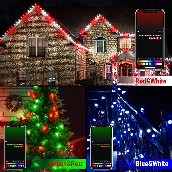 Probro Smart C9 LED Christmas Lights Outdoor 134FT 150 LEDs App Control 105+ Lighting Modes Music Sync Dimmable IP65 Waterproof Connectable String Lights for Yard Patio Roofline Decor