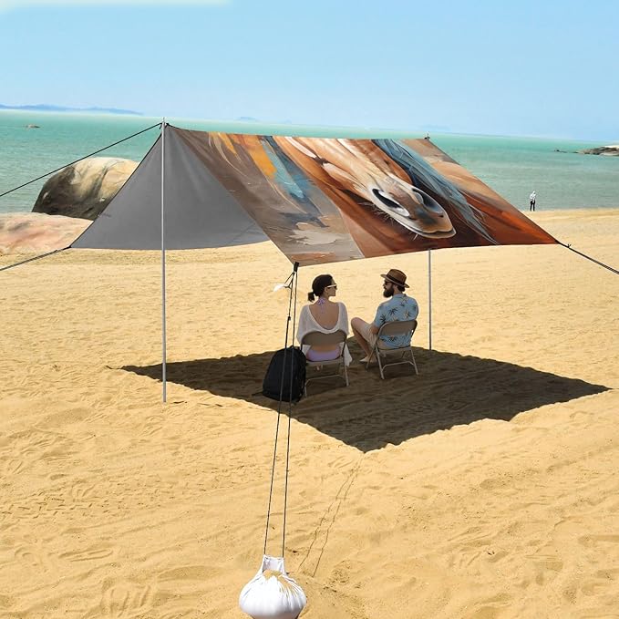 Oil Painting Horse Beach Tent Sun Shelter 9.2' x 10.5' Beach Canopy with 4 Sandbags 4 Stability Poles Sand Shovels - Tent Canopy for Beach Camping Fishing Picnics