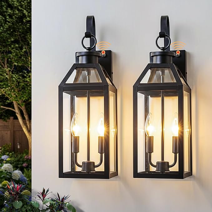 20 Dusk to Dawn Outdoor Wall Light with Sensor - Waterproof Exterior Wall Sconce for Porch Patio Garage Front Door Balcony Entry Modern Hardwired Lantern in Black Metal &amp Glass 2 Light - 2 P