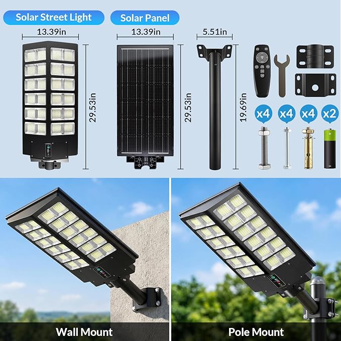 JWT 30 Large Solar Street Light 9000W Solar Street Lights Outdoor 320000LM6500K Commercial Parking Lot Light Solar Flood Outdoor Lights IP66 Waterproof with Motion Sensor