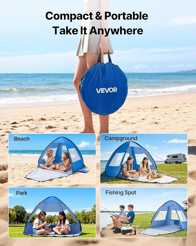 VEVOR Beach Tent Sun Shelter for 2 Person UPF 50+ Protection Portable Sun Shade Beach with Carrying Bag &amp Sand Pockets Lightweight and Easy Setup Beach Umbrella for Camping Fishing Outdoor Picn