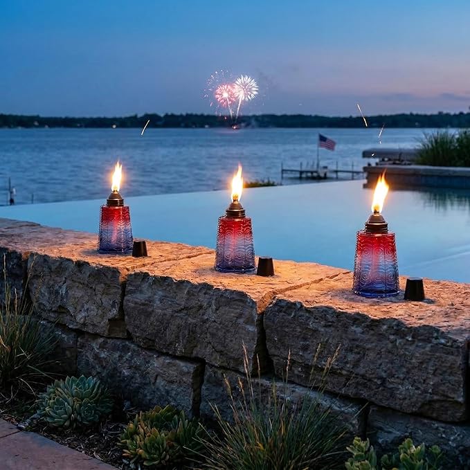 Seraphic Citronella Table Top Torches for Outdoor Patio 16oz Decorative Glass Torch Citronella Candles for Outside Deck Garden Parties Set of 3 Red/White/Blue