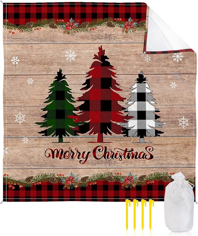 Beach Blanket Waterproof Sandproof OversizedWinter Christmas Buffalo Lattice Tree Beach Mat with Corner Stakes Sand PocketsWooden Grain Outdoor Picnic Mat for Travel Camping Hiking 95x80In