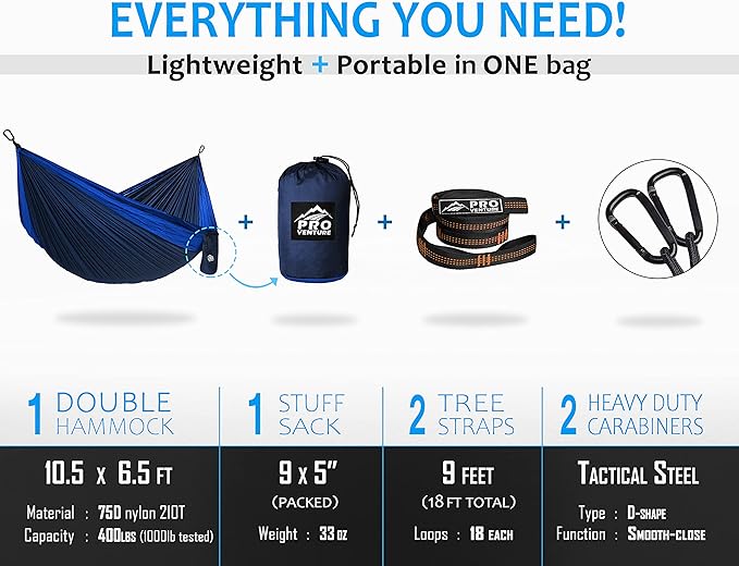 Pro Venture Double Camping Hammock - 10.5 x 6.5 FT (9ft Tree Straps 2 Carabiners) - 2 Person Portable Lightweight Parachute Nylon 210T Hammocks - for Backpacking Travel Hiking Patio (Double)…